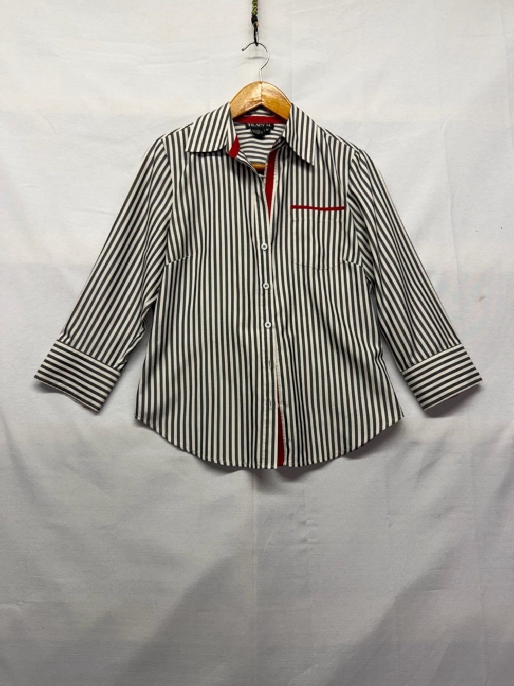 Tracy M. Black and White Striped Silk Top with Red Trim 3/4 sleeves medium